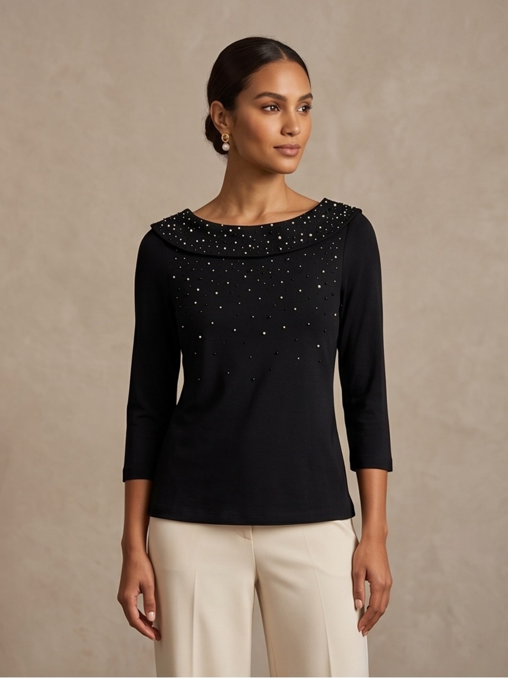 Rafaella Elegant Black Pearl and Rhinestone Detail 3/4 Sleeve Top | Size S